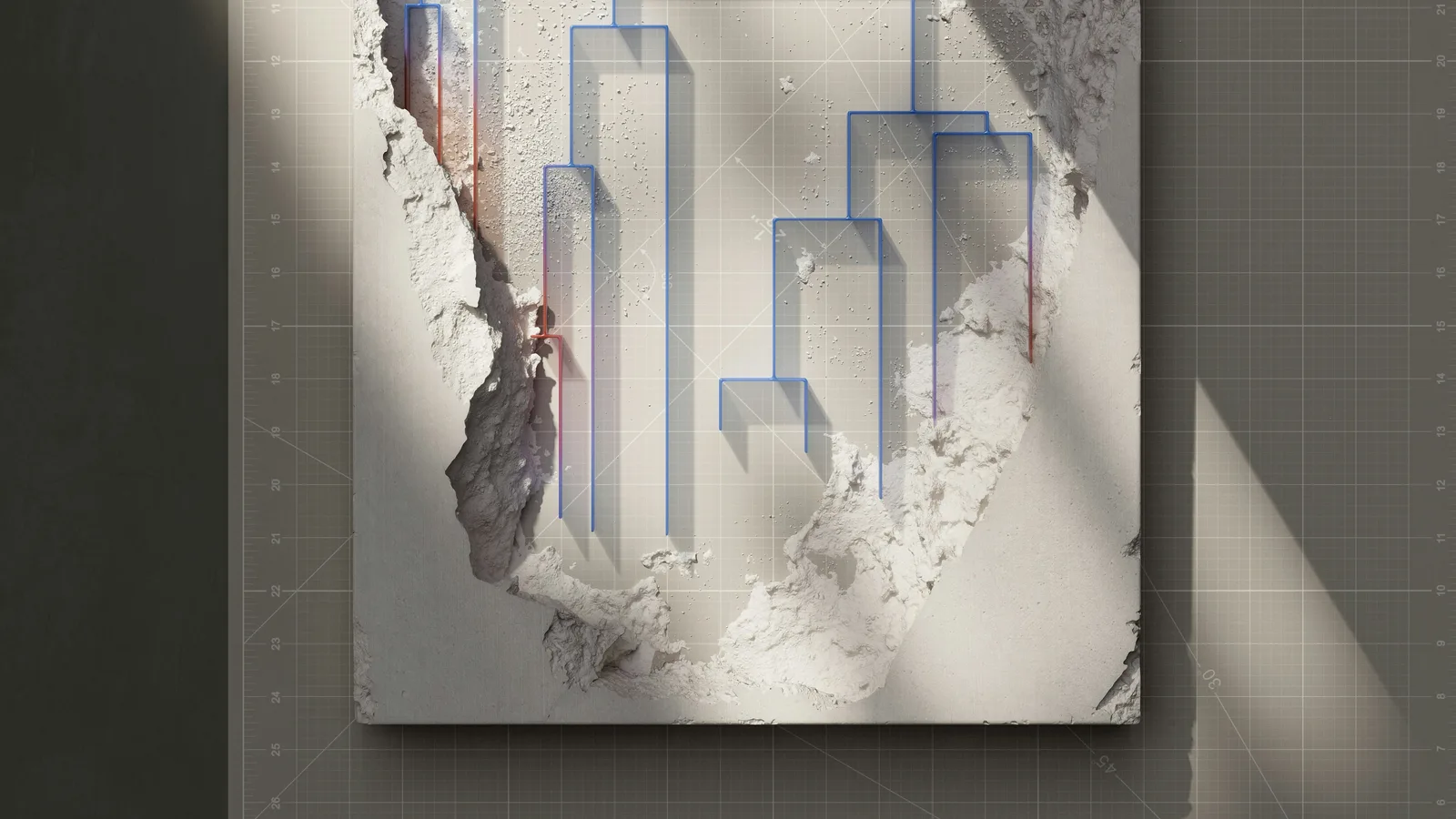Œuvre de Jesper Lindborg pour le projet Visualising AI de Google DeepMind : des tracés bleus de hauteurs inégales surgissent d'un bloc de pierre brute posé sur une feuille quadrillée