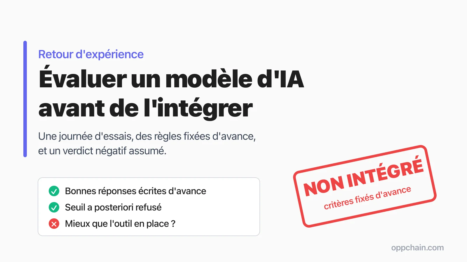 Titre « Évaluer un modèle d'IA avant de l'intégrer » avec une liste de contrôle (règles écrites avant le premier appel, une variable à la fois, mieux que l'outil en place ?) et un tampon « Non intégré, verdict fixé d'avance »