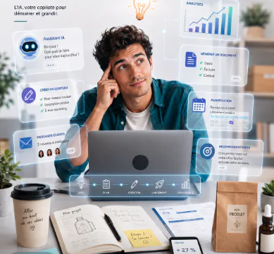 Un entrepreneur réfléchit devant son ordinateur portable, entouré d'interfaces IA flottantes : assistant conversationnel, création de contenu, analyse de données, planification et recommandations personnalisées